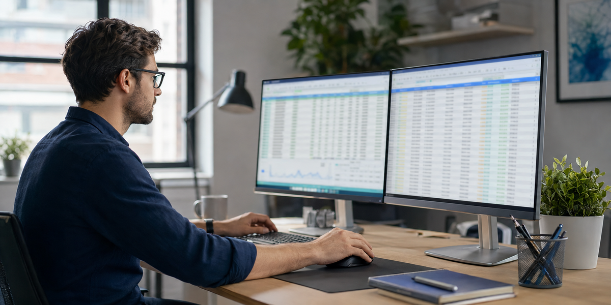 A data analyst cleaning a very large email spreadsheet before a campaign, with thousands of rows visible across dual monitors