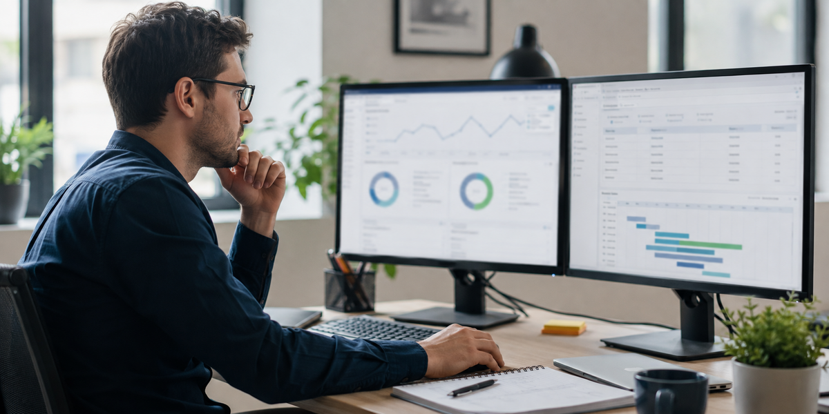 A cold-email campaign manager checking a prospect list before launch, with a realistic deliverability dashboard and campaign schedule on dual monitors
