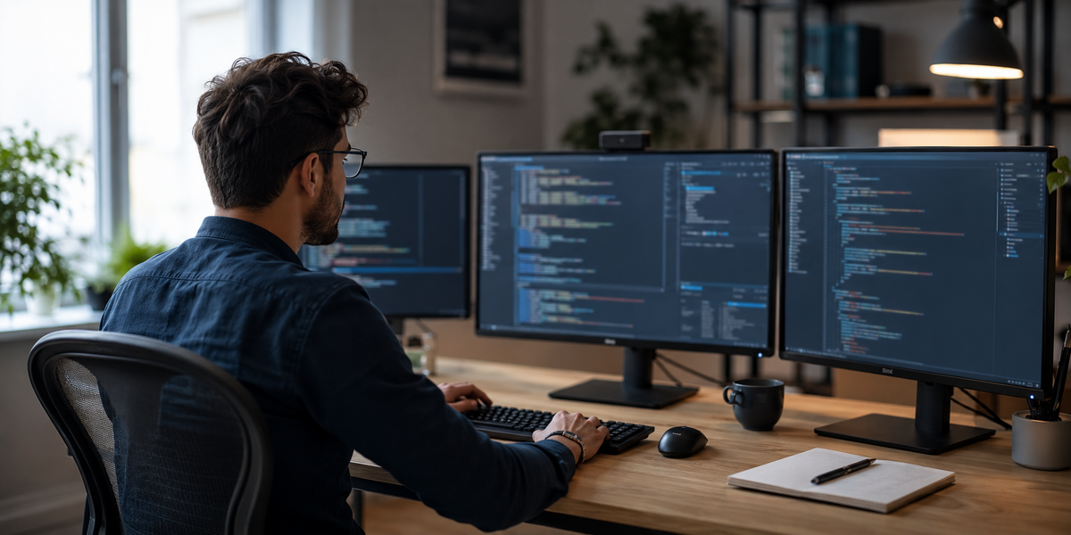 A software developer integrating an email verification API in a modern coding workspace with three generic code windows on multiple monitors