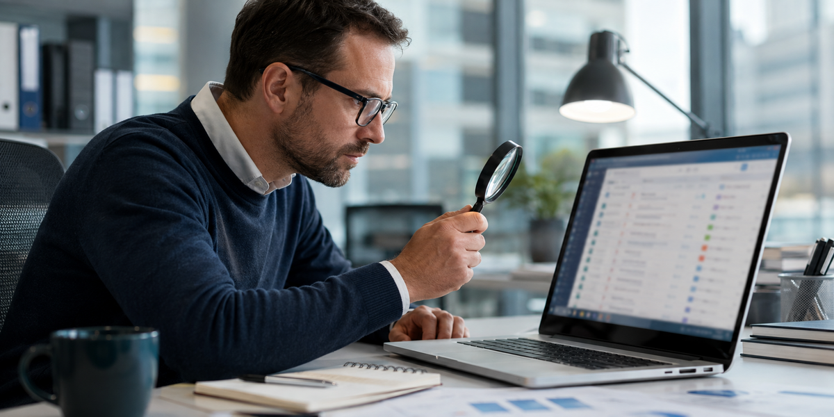 A fraud-prevention analyst using a magnifying glass beside a laptop while inspecting suspicious email records in a realistic office