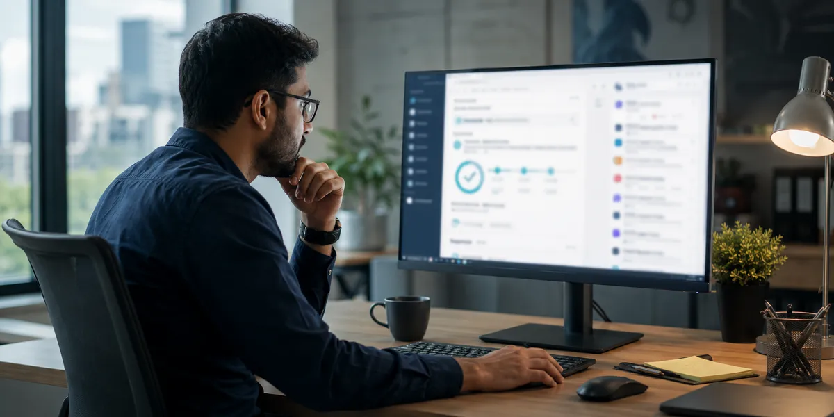 A cybersecurity analyst at a modern office desk carefully checking a single email address on a large monitor, with a blurred verification checklist interface and inbox icons
