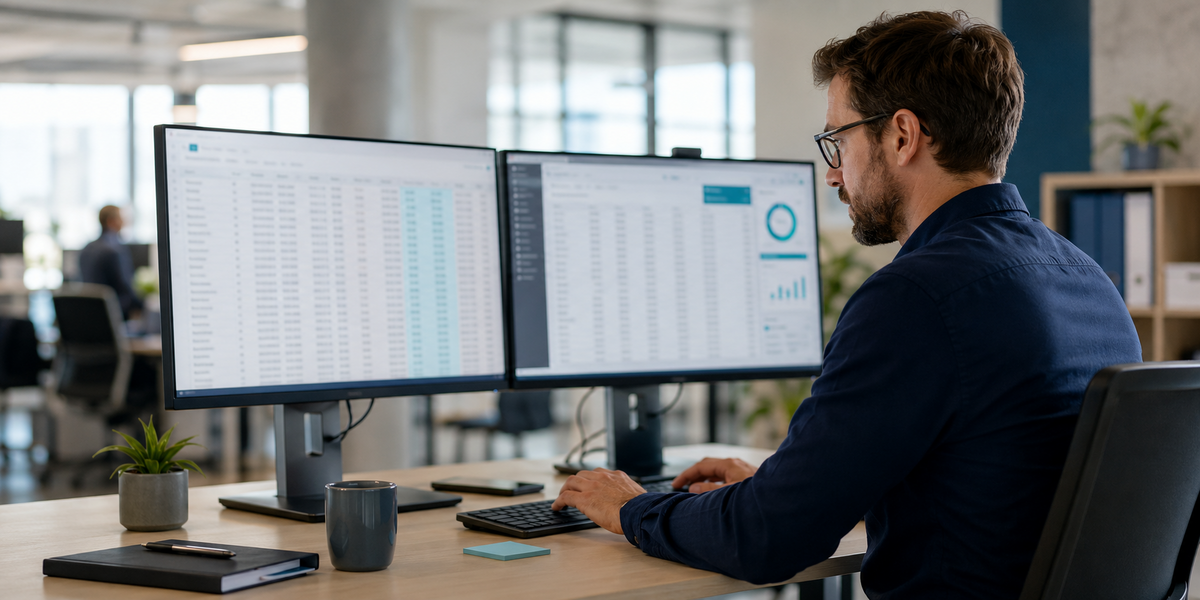 A CRM administrator cleaning email rows in a spreadsheet before import, working at dual monitors in a bright operations office