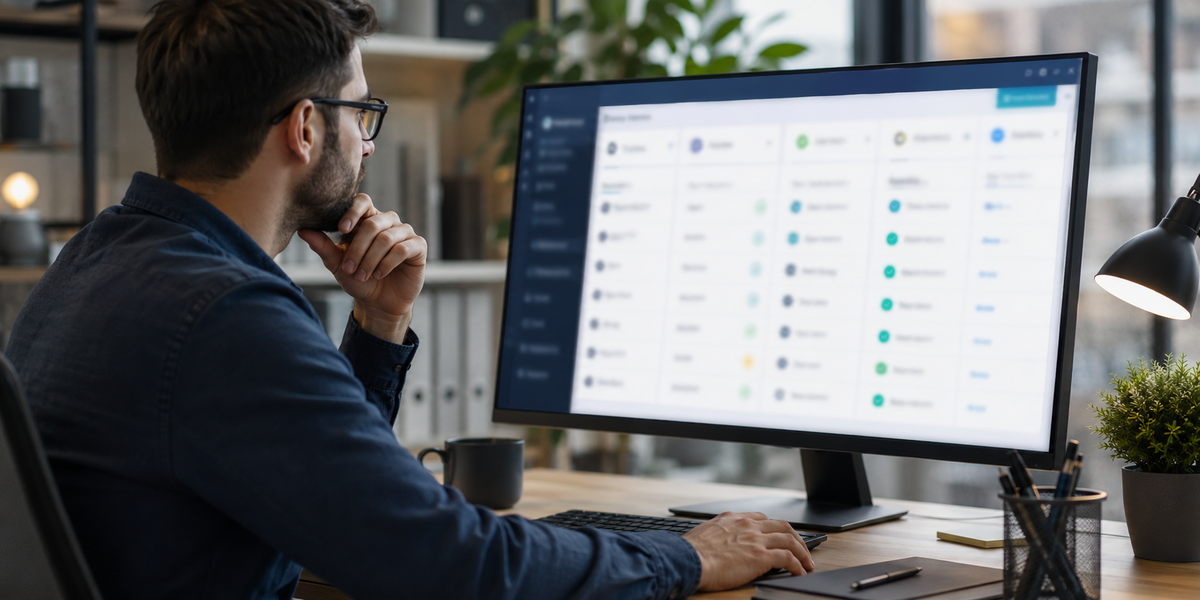 A software buyer comparing four email verification platforms on a large monitor using a structured feature matrix, with all brand names blurred
