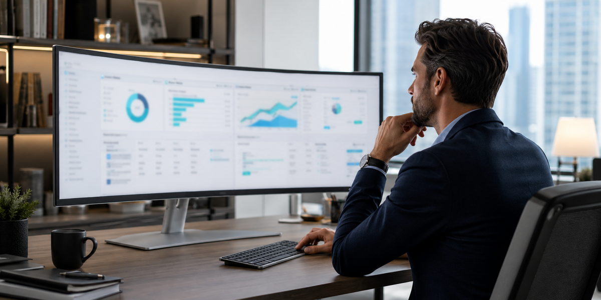 A technology consultant reviewing ten email verification software options on a large curved monitor in a premium office