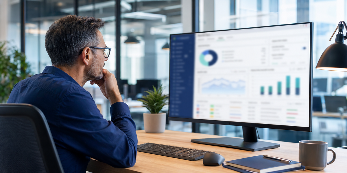 A CRM manager reviewing email verification status results on a large monitor in a bright modern office