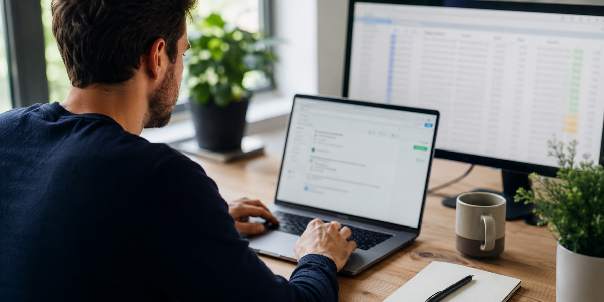 A small-business owner comparing a basic free email checker on a laptop with a professional bulk verification platform on a second monitor