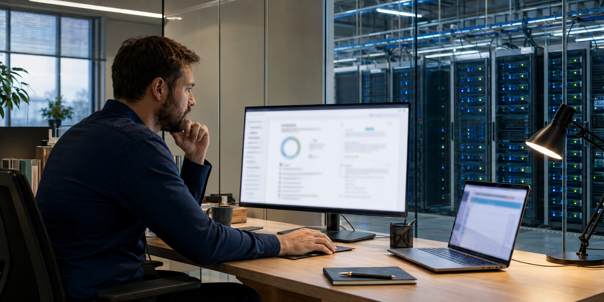 A network engineer verifying an email address from a workstation without sending a message, with real mail servers visible through a glass data-center wall