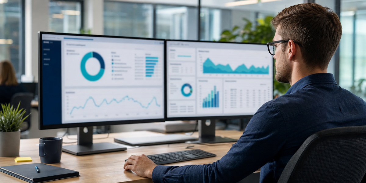 A data-quality engineer studying an email verification dashboard on dual monitors in a real modern office