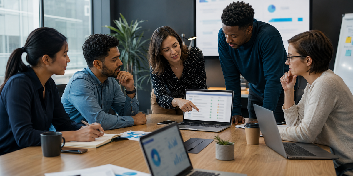 A diverse B2B sales team gathered around a conference table reviewing an email verification checklist before launching outreach