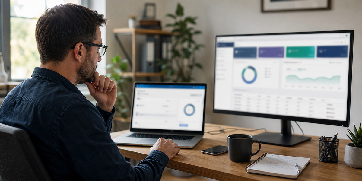 A business owner using a free email verification tool at a tidy home office, with a small batch of email rows visible on the laptop
